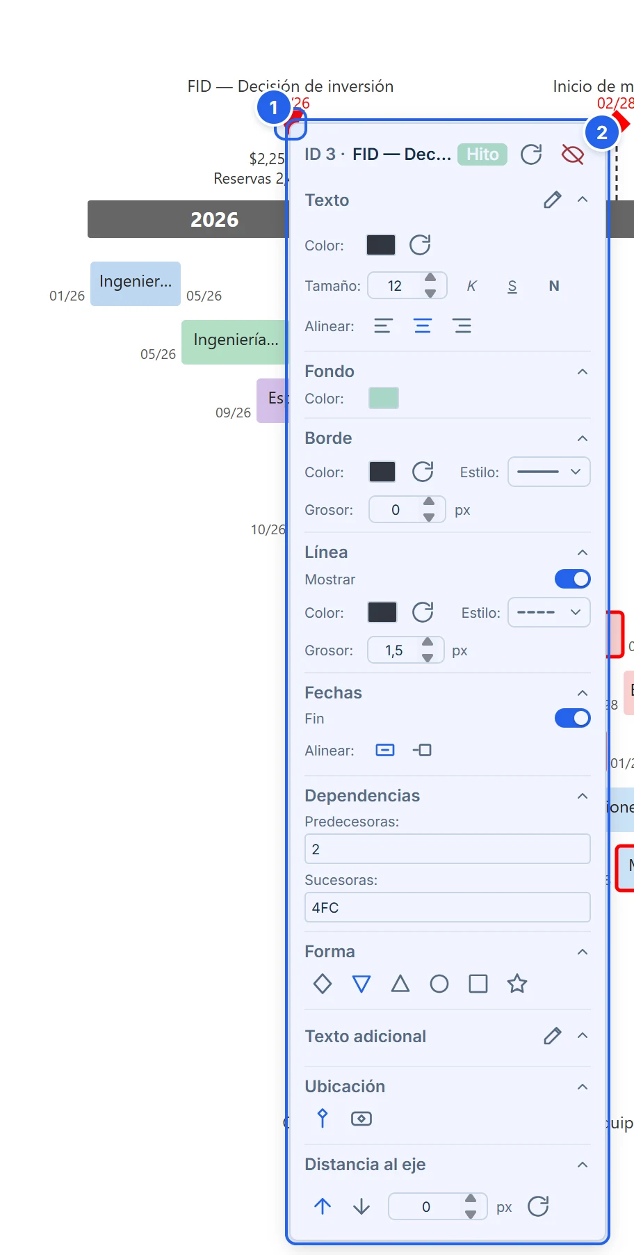 Forma y texto adicional de un hito