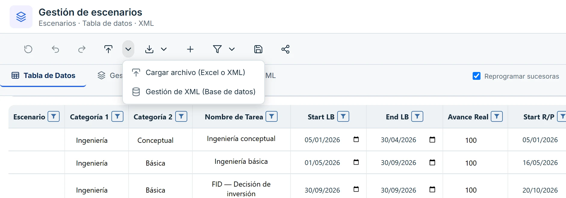 Menú de carga de la Tabla de Datos