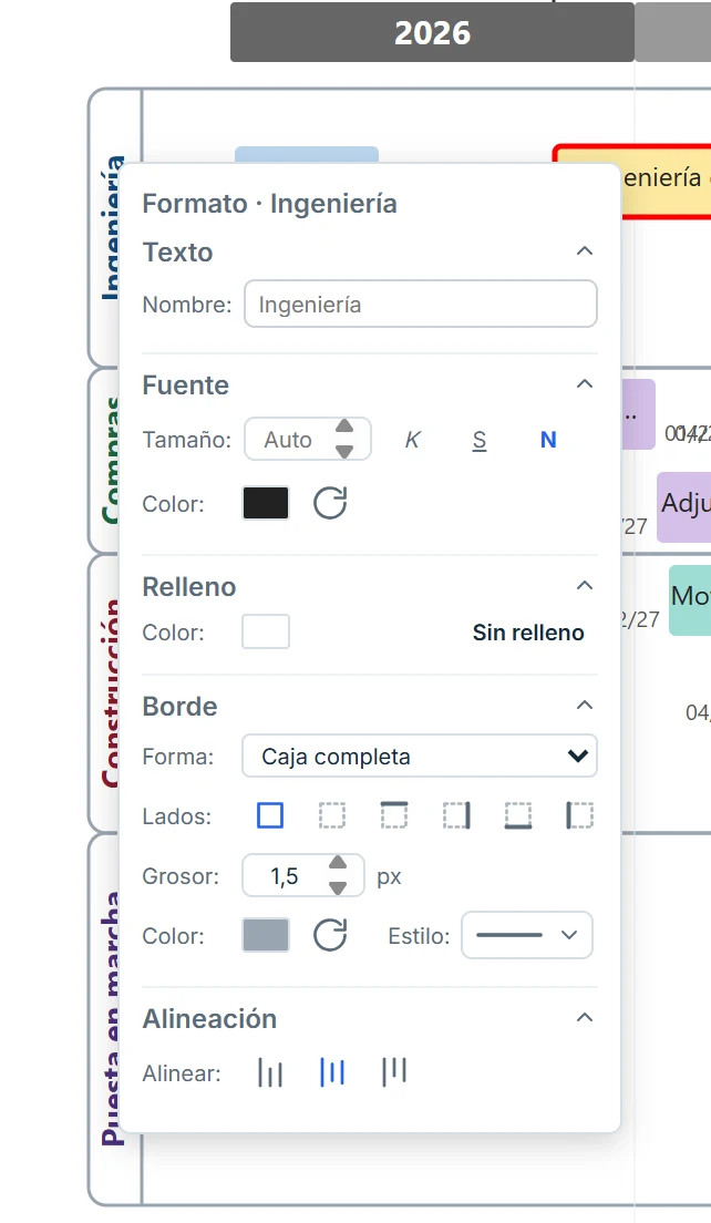 Menú de formato de un agrupador