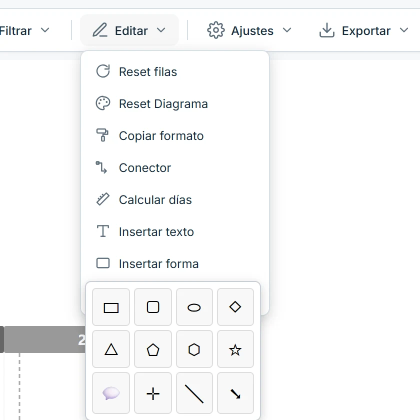 Menú Editar y selector de formas