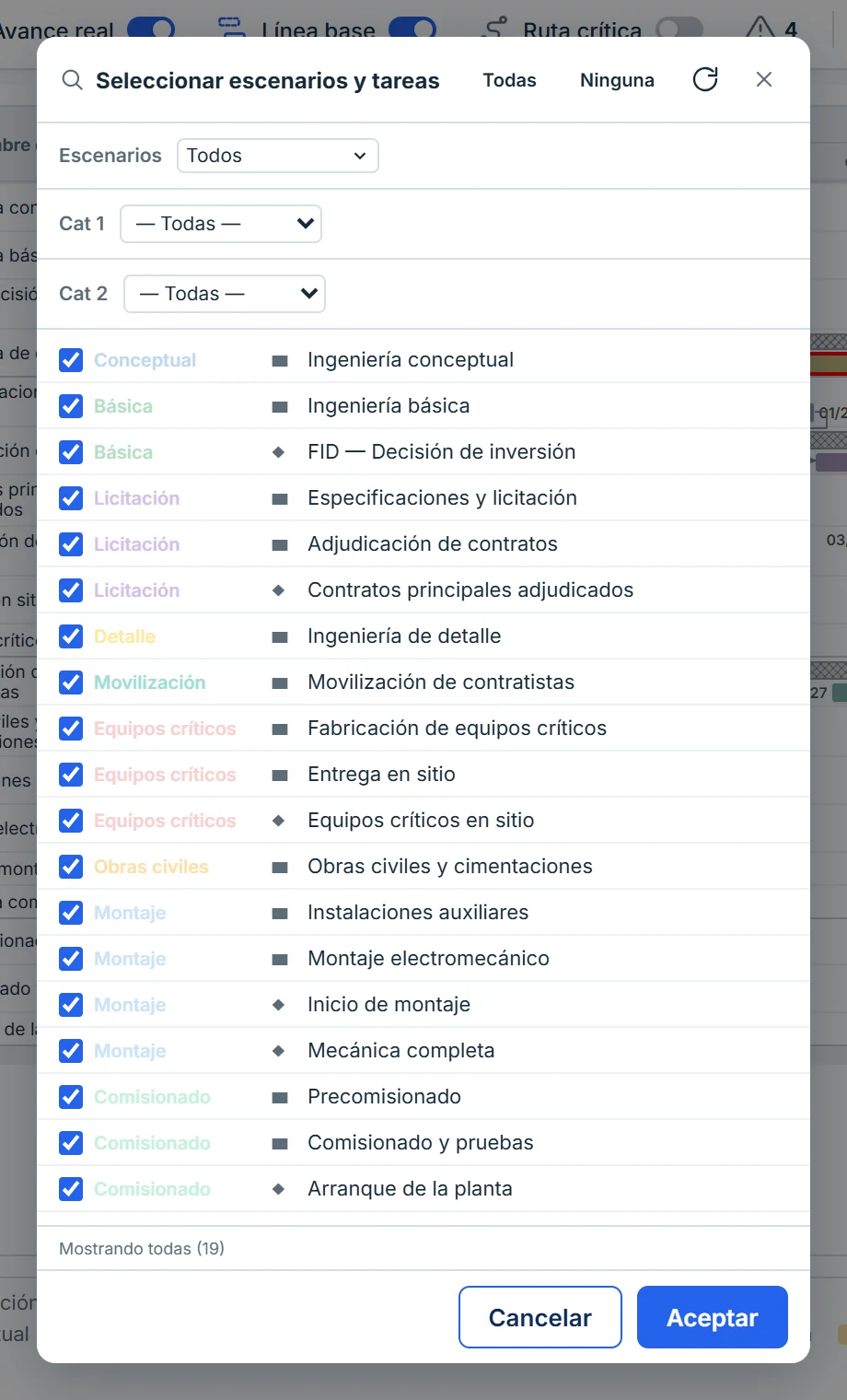 Selección de escenarios y tareas
