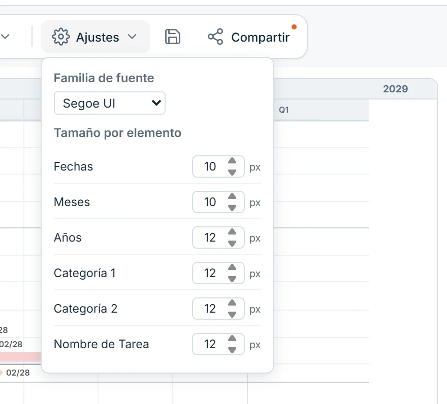 Ajustes del Gantt: fuente y tamaños